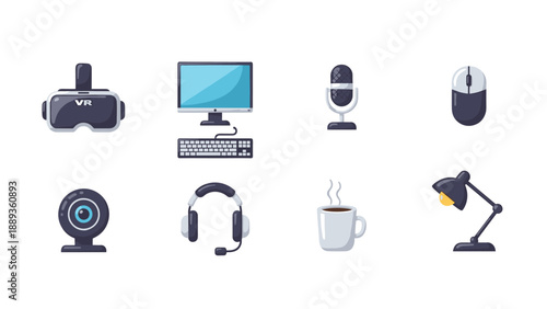 Tech gadgets icon set: modern office equipment and accessories