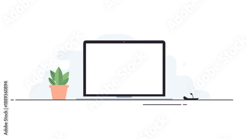 Modern workspace with laptop and plant in minimalist style