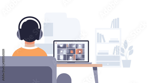 Remote work concept with video call on laptop and person wearing headphones