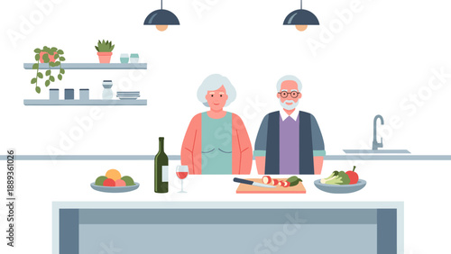 Elderly couple cooking together in modern kitchen with fresh ingredients