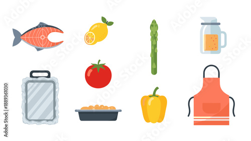 Colorful kitchen elements: seafood, vegetables, apron, and kitchenware