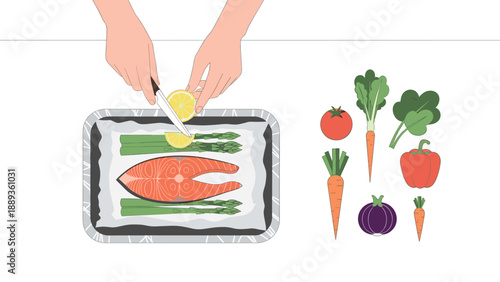 Hands preparing salmon with asparagus and fresh vegetables arrangement