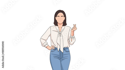 Confident woman in casual chic outfit making finger heart gesture
