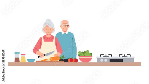 Elderly couple cooking together in kitchen: flat style family life with healthy ingredients