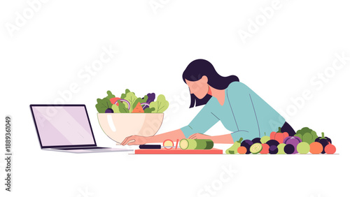 Woman preparing healthy salad with fresh vegetables near laptop