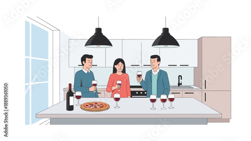 Friends enjoying wine and pizza in a modern kitchen setting