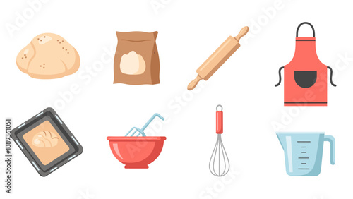 Baking essentials: flat icons of ingredients and tools for modern kitchens