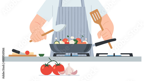 Person cooking on gas stove with fresh ingredients in flat style