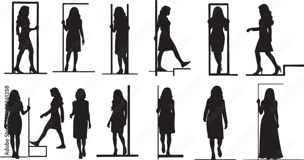 Obraz premium Silhouettes of women in various poses and doorways depicted