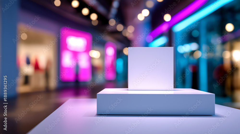 custom made wallpaper toronto digitalMinimal white product podium displayed in a modern shopping mall environment with colorful lights.
