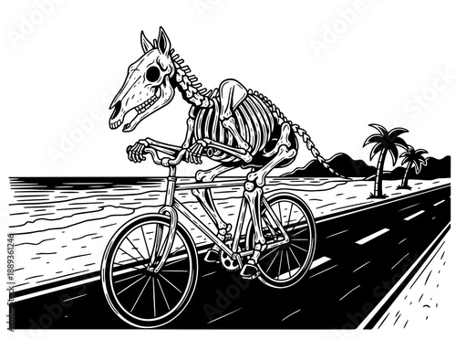 Skeleton horse riding a bicycle on a beachside road