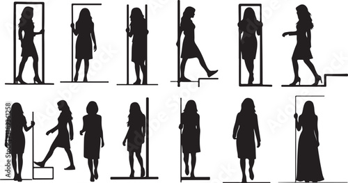 Silhouettes of women in various poses and doorways depicted