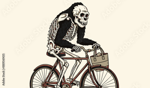 Skeleton monkey riding bicycle with handbag in vintage style
