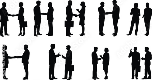 Business people silhouettes communicating and shaking hands, representing professional meetings, negotiation, partnership, teamwork, leadership, collaboration, and corporate workplace 