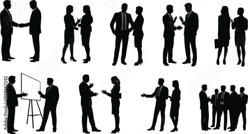 Business people silhouettes communicating, negotiating, presenting ideas, and shaking hands, illustrating professional teamwork, corporate meetings, leadership, collaboration, 