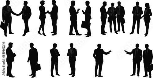 Business people silhouettes discussing, negotiating, and shaking hands, representing professional meetings, corporate teamwork, leadership, collaboration, partnership, and workplace 