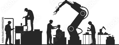 Factory worker silhouettes operating industrial machines with robotic arm, illustrating automated manufacturing process, production line engineering, modern industry, and smart factory technology