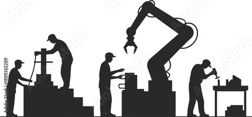 Factory workers silhouettes operating industrial machines and robotic arm, illustrating manufacturing process, automation, engineering, production line, and modern industry concepts