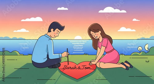Loving couple writing names on heart at sunset by ocean romantic gesture on green grass