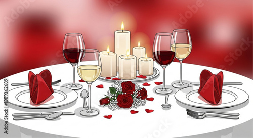Romantic dinner setup with wine glasses candles and roses on a white tablecloth for two people in a cozy ambiance