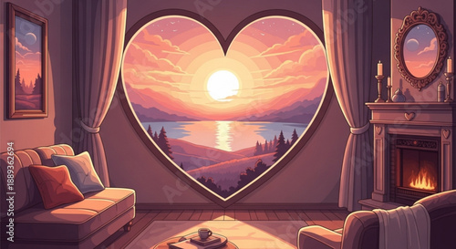 Cozy living room with heart shaped window overlooking serene sunset lake view with warm fireplace
