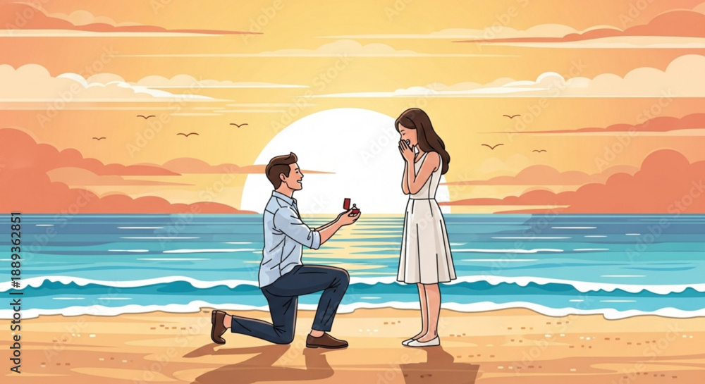 Fototapeta premium Man proposing to woman on beach at sunset with ring in hand romantic moment