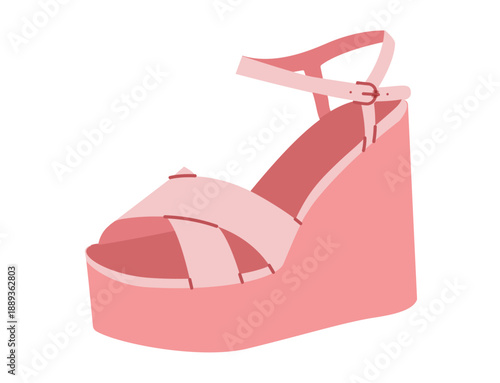 Pink platform wedge sandal women flat shoe. Cross strap ankle buckle summer footwear for party, festival. Technical fashion illustration, CAD mockup, smooth vector men unisex isolated trendy style.