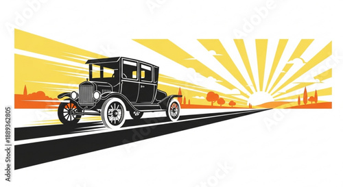 Vintage black car drives on open road at sunrise with yellow sunburst background and city skyline