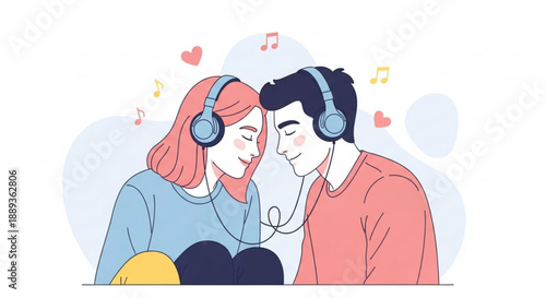 Young couple wearing headphones listening to music together heads close hearts and music notes around them romantic atmosphere love