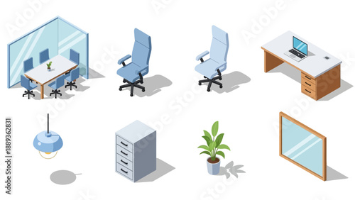 Isometric office furniture set with desk, chairs, and decor