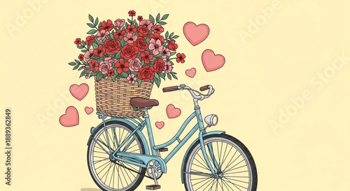 Vintage blue bicycle with wicker basket full of red flowers and pink hearts on pale yellow background romantic valentine's day concept