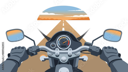 Motorcycle journey towards sunset on open road in modern style