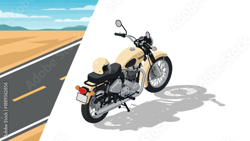 Retro motorcycle on open road with scenic horizon in isometric view