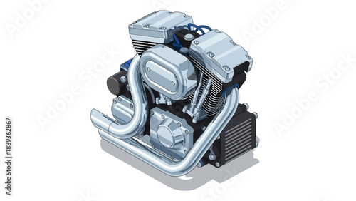 Detailed motor engine design with isometric perspective and metallic finish