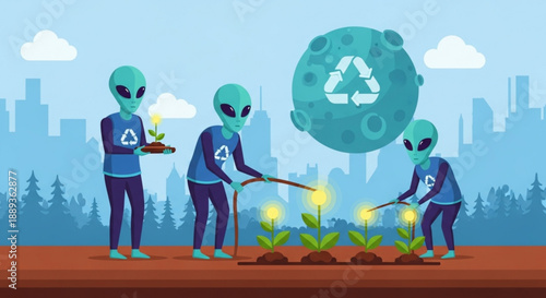 Aliens gardening plants with recycling symbol on shirts and globe cityscape background