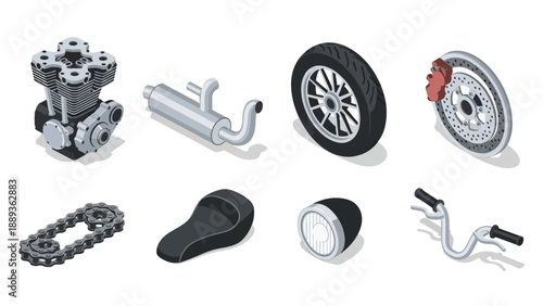 Isometric motorcycle parts: engine, exhaust, tire, brake disc, chain, seat, headlight, handlebars in detail