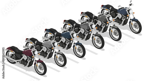Isometric row of colorful motorcycles on white background