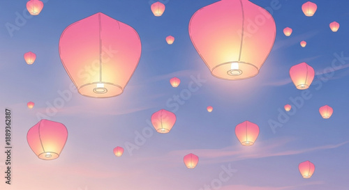 Vibrant pink lanterns floating against serene blue sky with wispy clouds at dusk or dawn