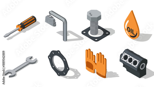 Isometric mechanical tools and parts set with oil droplet