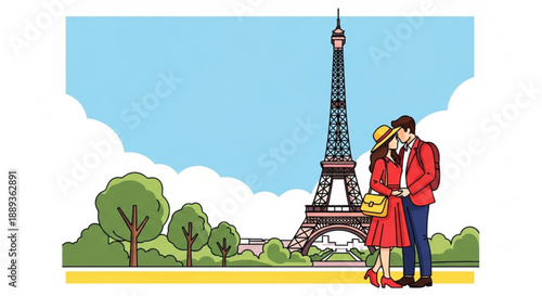 Romantic couple kissing in front of eiffel tower paris vector illustration