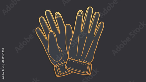 Elegant outline of luxury gloves in gold on dark background