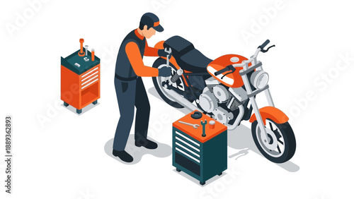 Isometric motorcycle repair scene featuring mechanic at work with tools