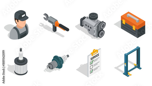 Isometric car repair icons: tools, mechanic, and maintenance equipment set