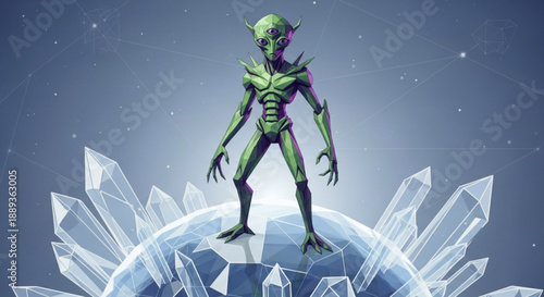 Green alien creature standing on crystal formation in space with stars