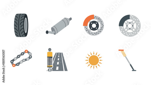 Flat car parts set: tire, exhaust, brake disc, chain, shock absorber, road, sun, pump icons