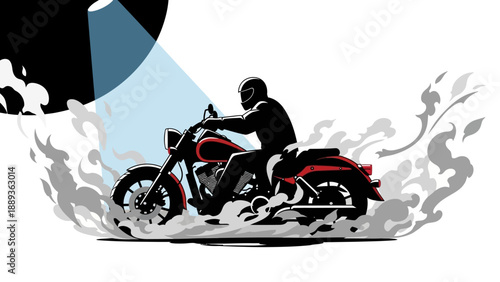 Bold biker in dramatic spotlight with smoky vibes