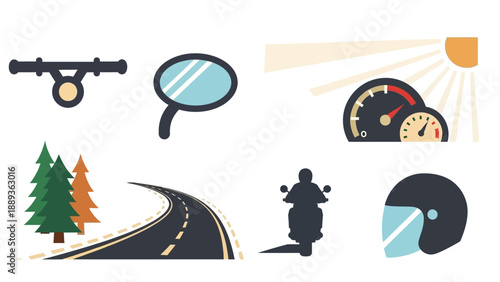 Motorcycle travel icons set for scenic road adventures
