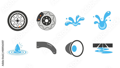 Water splash and car elements in flat design for automotive concepts