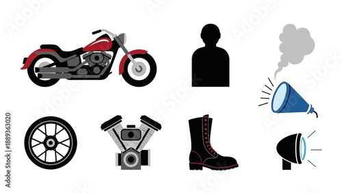 Motorcycle elements collection with rider silhouette and accessories