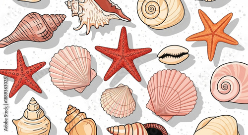 Colorful seashells and starfish on white background ocean treasures illustration